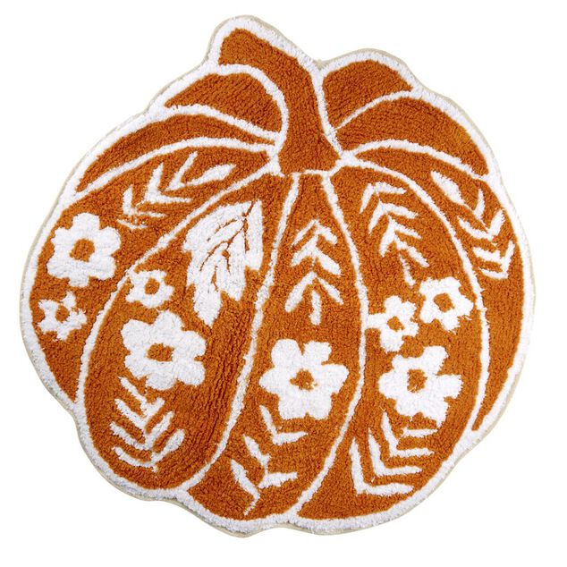 Tapis forme citrouille motif floral orange et blanc &Oslash;60cm