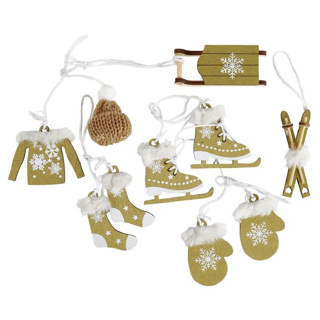 Décoration de Noël à suspendre traineau et vêtements bois x6 (3 modèles)