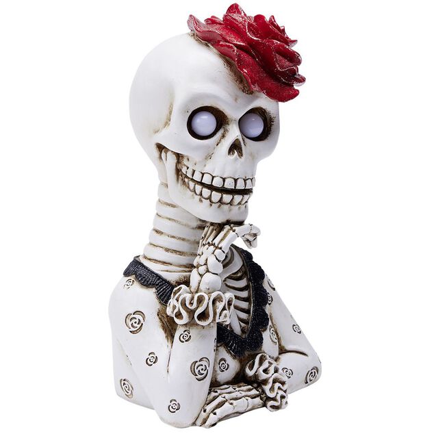 Squelette lady Halloween LED polyr&eacute;sine noir et blanc avec rose rouge
