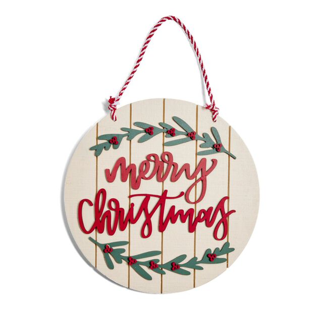 Pancarte No&euml;l inscription "Merry Christmas" en bois &Oslash;30cm