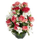 Composition florale artificielle rose et chrysanth&egrave;me dans vasque &Oslash;55xH65cm