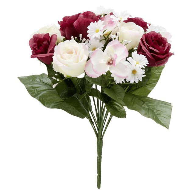 Piquet rose+orchid&eacute;e+p&acirc;querette H40 cm violet - Fleur artificielle 18 t&ecirc;tes