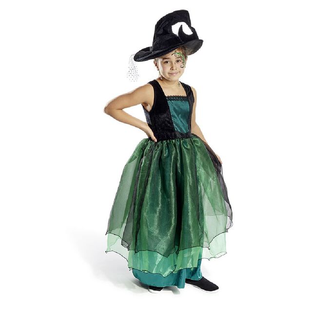 D&eacute;guisement enfant Halloween sorci&egrave;re robe chapeau noir vert 7/10ans