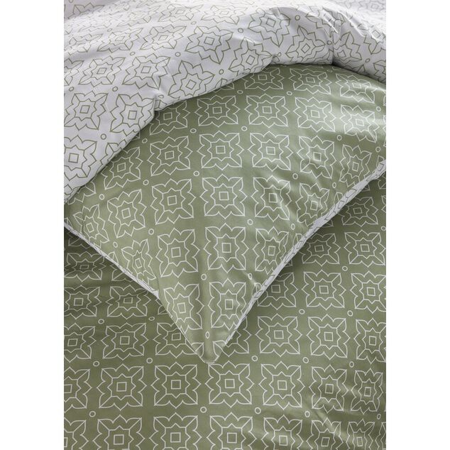 Parure de lit 2 personnes 220x240cm r&eacute;versible &agrave; motif blanc et vert sauge