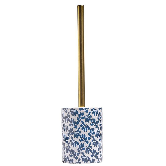 Brosse WC manche dor&eacute; socle gr&egrave;s motif floral bleu et blanc &Oslash;9,2xH36cm