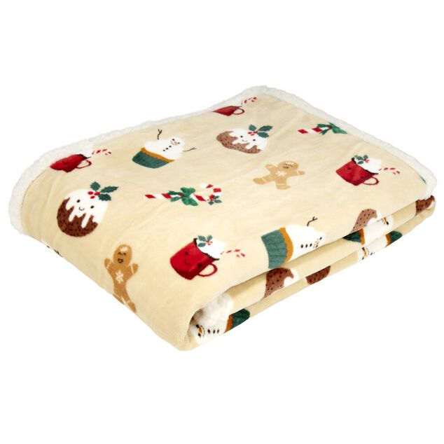 Plaid No&euml;l imprim&eacute; gingerbread polyester L150X120 cm beige