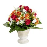 Composition florale artificielle orange et rouge vasque ciment &Oslash;42xH43cm