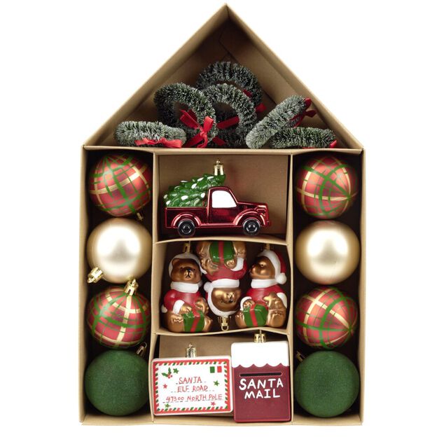 Kit d&eacute;coration sapin de No&euml;l traditionnel rouge et vert 20 pi&egrave;ces