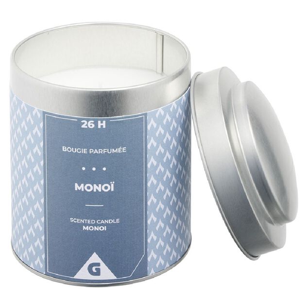 Bougie parfum&eacute;e dans pot m&eacute;tal gris et bleu senteur mono&iuml; 26H