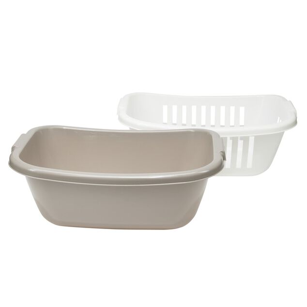 Panière à linge x2 en plastique blanc et marron 58x40xH23cm