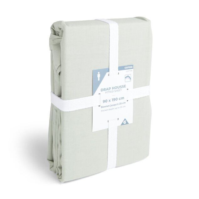 Drap housse 90x190cm 100% coton vert c&eacute;ladon