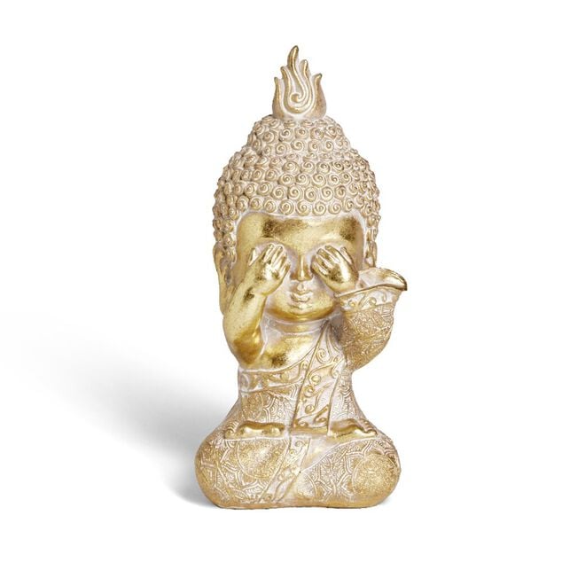 Bouddha de la sagesse Je ne vois rien r&eacute;sine dor&eacute; H19cm