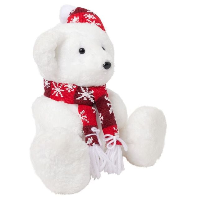 Ours blanc &agrave; poser avec &eacute;charpe et bonnet 27x19xH27cm