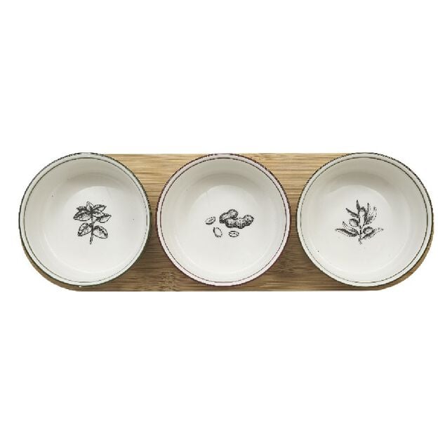 Set ap&eacute;ritif coupelle porcelaine x3 et support bambou