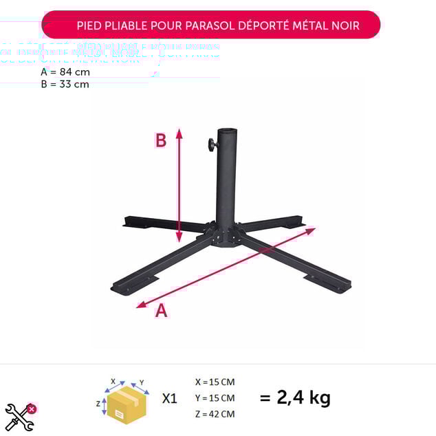 Pied pliable pour parasol d&eacute;port&eacute; m&eacute;tal noir