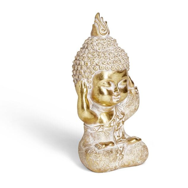 Bouddha de la sagesse Je n'entends rien r&eacute;sine dor&eacute; H19cm