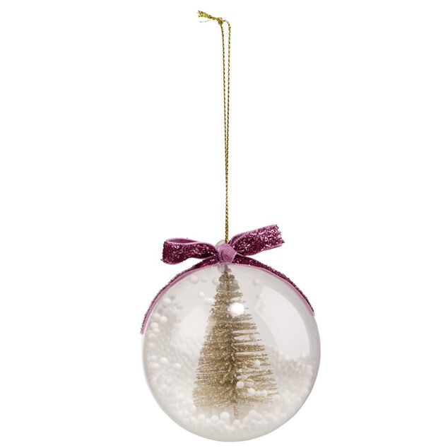 Boule de No&euml;l transparente d&eacute;cor sapin dor&eacute; et neige &Oslash;8cm