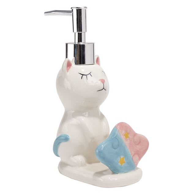 Distributeur &agrave; savon forme chat avec porte &eacute;ponge gr&egrave;s blanc rose bleu