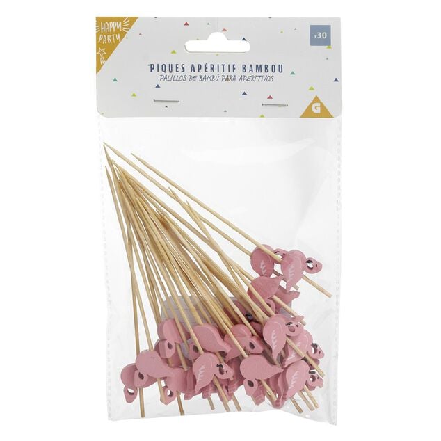 Pique pour ap&eacute;ritif d&eacute;cor past&eacute;que, ananas, cactus ou flamand rose en bambou x30