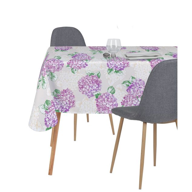 Toile cirée Hortensia fleurie violet fond beige l140cm