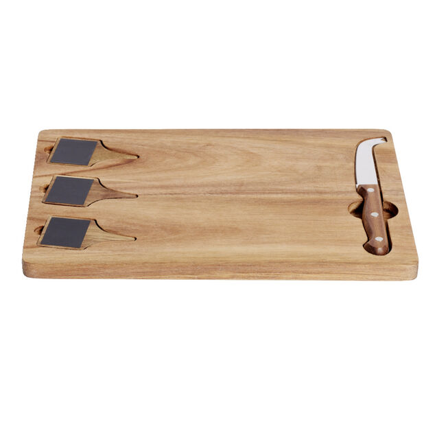 Plateau à fromage en bois avec couteau et 3 pancartes