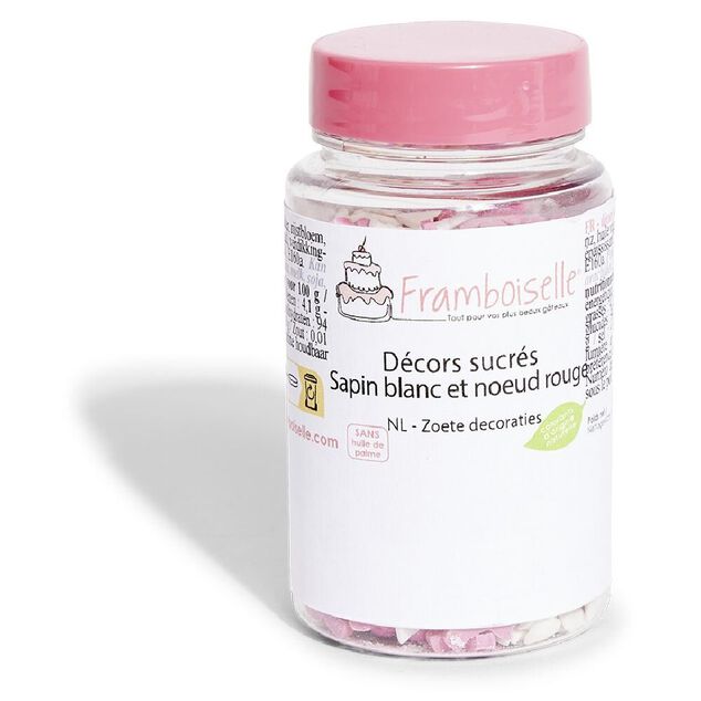 D&eacute;cor sucr&eacute; sapin blanc et noeud rouge Framboiselle 50g