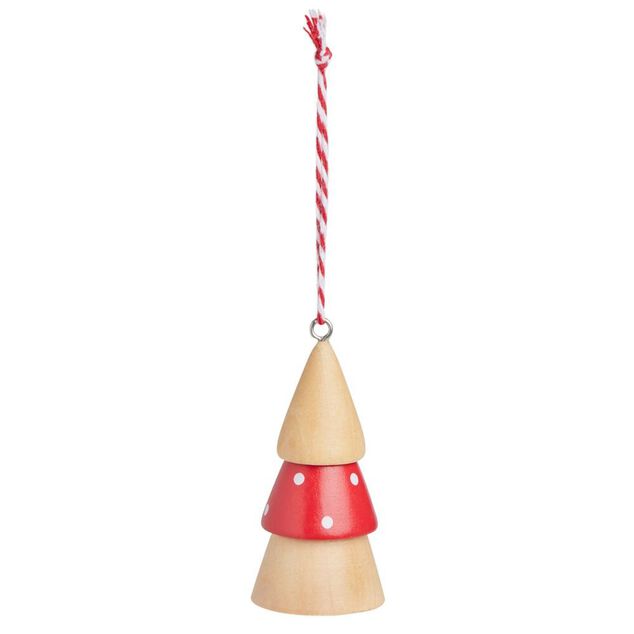 Petit sapin en bois &agrave; suspendre rouge et naturel &Oslash;4xH8cm