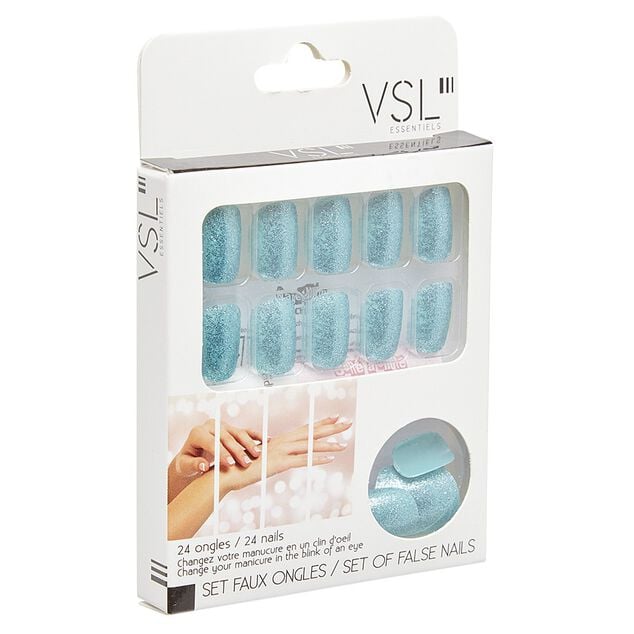 Kit faux ongles paillet&eacute;s bleus 24 pi&egrave;ces
