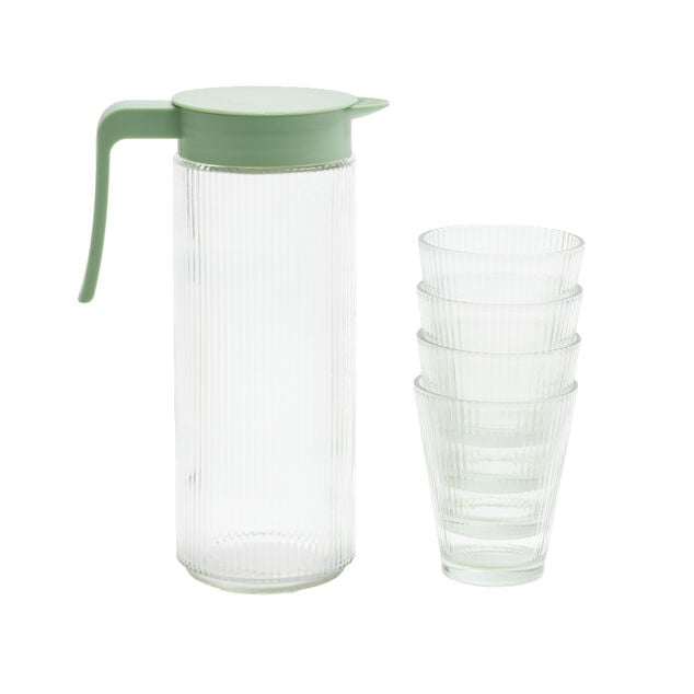 Pichet en verre et plastique vert avec 4 verres