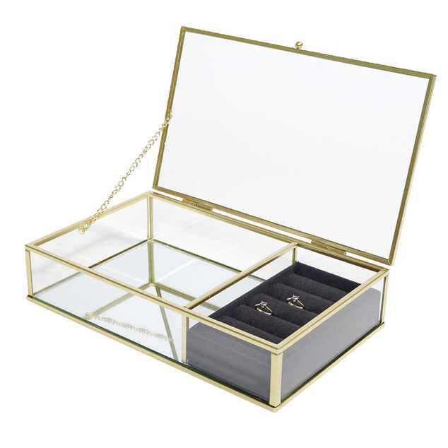 Boîte à bijoux métal et verre 23x14,5xH5cm (2 modèles doré ou noir)
