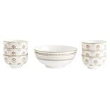 Service saladier porcelaine &Oslash;20cm avec 6 bols &Oslash;11,5cm motif Indie beige