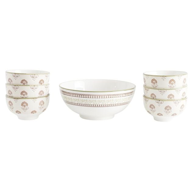 Service saladier porcelaine &Oslash;20cm avec 6 bols &Oslash;11,5cm motif Indie beige