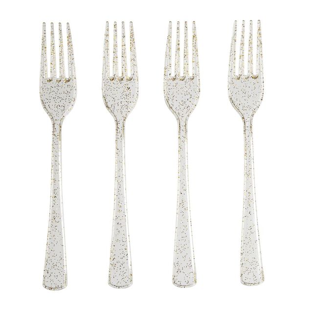 Fourchette plastique r&eacute;utilisable x4 dor&eacute; paillet&eacute; L17cm