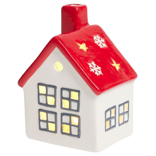 Maisonnette lumineuse 1LED c&eacute;ramique rouge et blanc H12cm