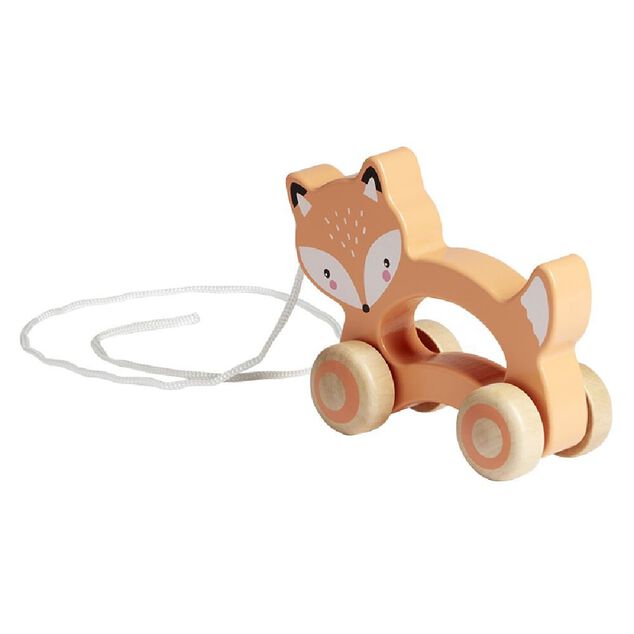 Animal &agrave; roulettes renard en bois orange H12cm