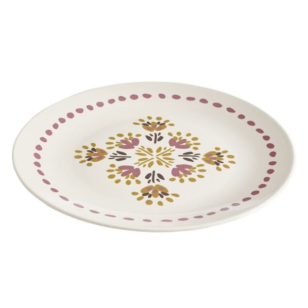 Assiette plate x4 ronde fa&iuml;ence beige motif floral vintage rose et orange &Oslash;26cm