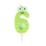 Bougie chiffre 6 cire personnage rayures vert et jaune H8,5cm