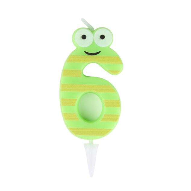 Bougie chiffre 6 cire personnage rayures vert et jaune H8,5cm