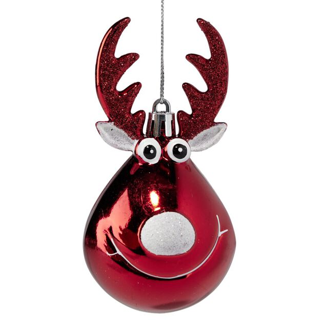 Boule de No&euml;l forme renne x4 plastique rouge et argent&eacute; &Oslash;6xH10cm
