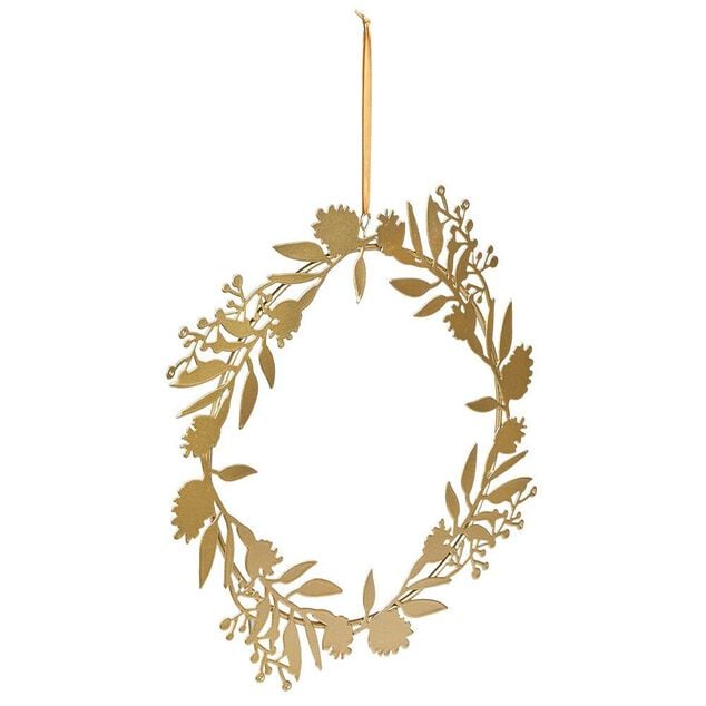 Couronne à suspendre feuillage doré en métal Ø30cm