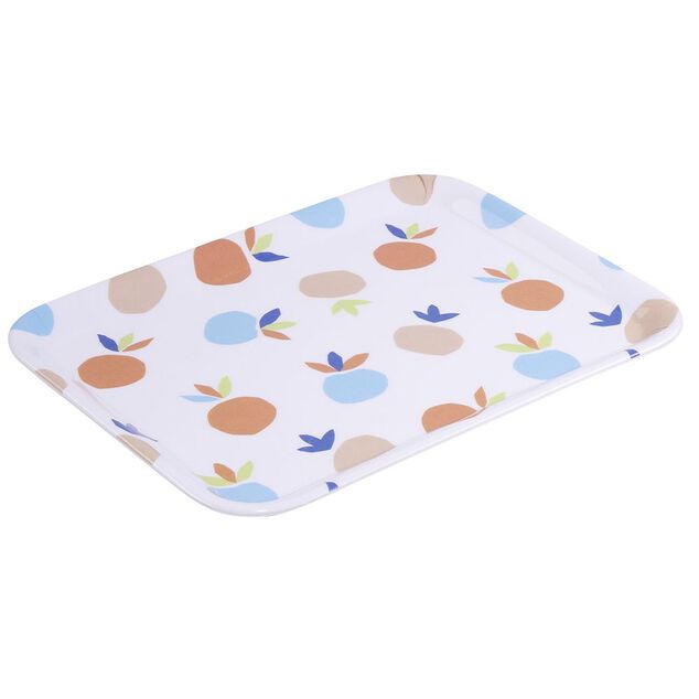 Plateau rectangulaire blanc motif fruit orange bleu plastique 29x22cm