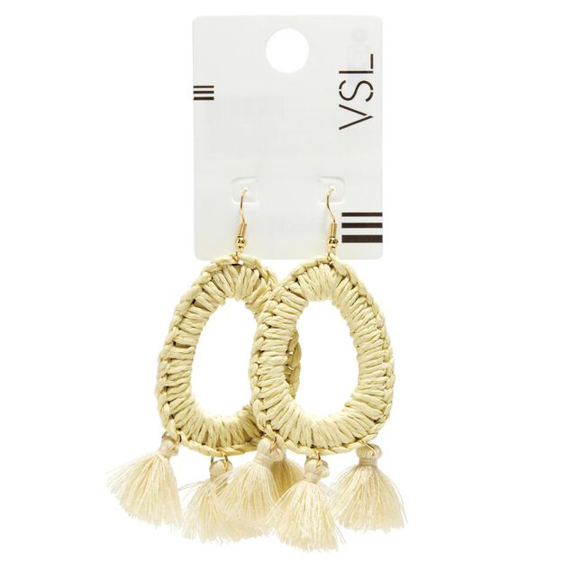 Boucles d'oreilles gouttes boutons 3 pompons embrasses macramé beige