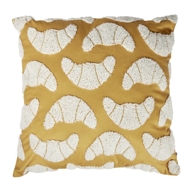 Coussin carr&eacute; jaune motif bouclette croissants blancs 40x40cm