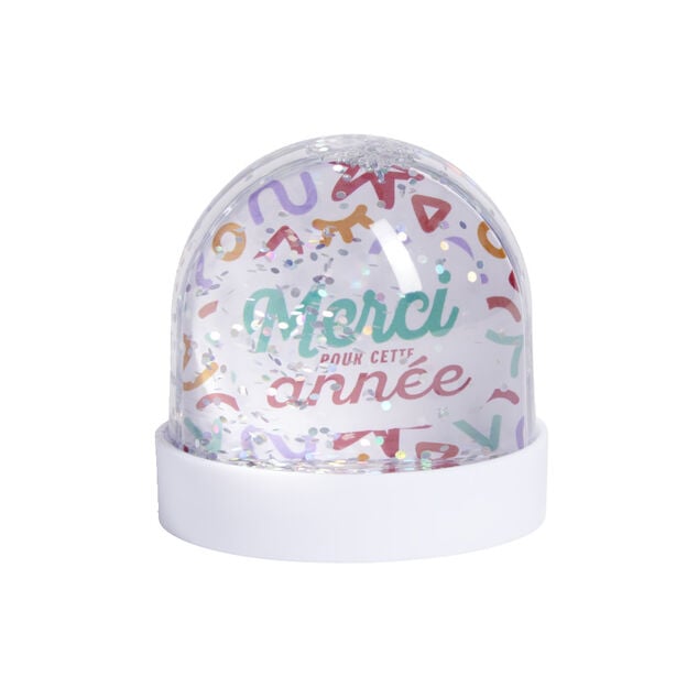 Boule &agrave; neige paillettes Merci pour cette ann&eacute;e rose