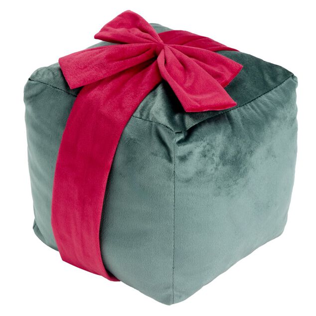Coussin carr&eacute; forme cadeau de No&euml;l ruban polyester L20X20XH20 cm (2 mod&egrave;les vert ou rose)