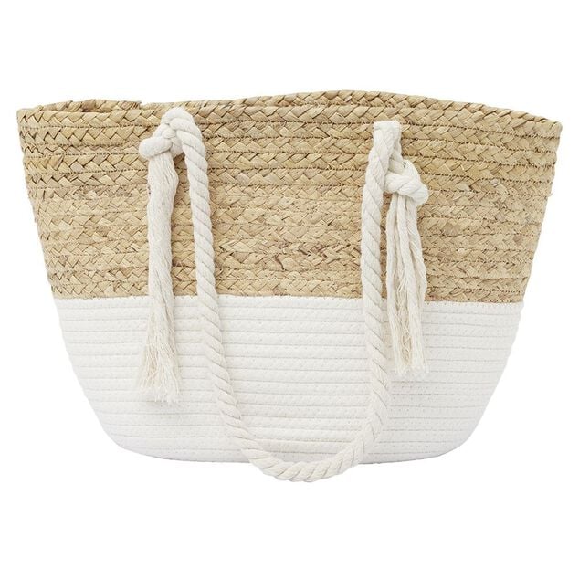 Panier de plage jacinthe d'eau tress&eacute;e beige et cr&egrave;me 48x15xH27cm