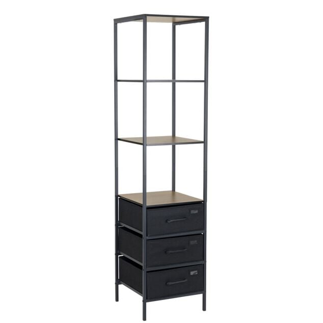 Colonne de rangement salle de bain 3 &eacute;tag&egrave;res 3 tiroirs m&eacute;tal noir 40x40xH167cm