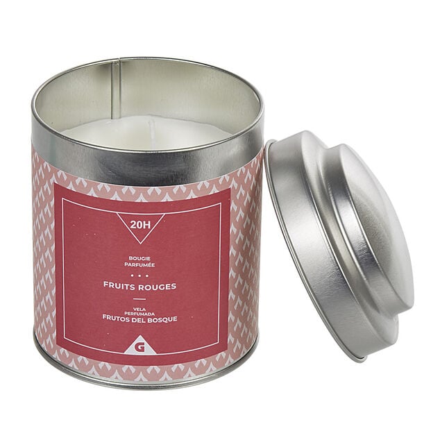Bougie parfum&eacute;e dans pot en m&eacute;tal senteur fruits rouges