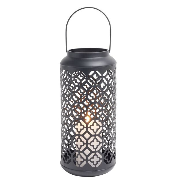 Lanterne carreaux de ciment ajourés métal noir Ø15xH34,5cm