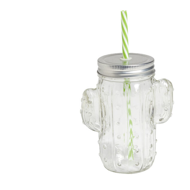 Gobelet 460ml forme cactus avec paille verre transparent